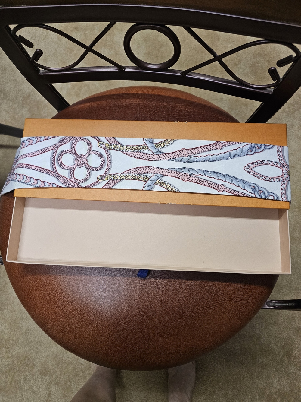 Louis Vuitton Silk Twilly in Light Blue, Pink, Cream & Gold Rope Motif